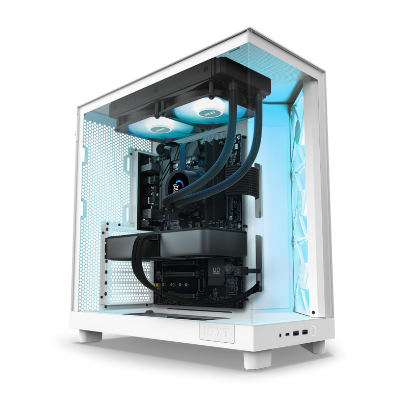 The NZXT Refurbished Player Two Prime (#8428) features a white case with transparent side panel, liquid cooling, RGB, blue accent lighting, and a graphics card—all refurbished for reliable gaming with a 2-year warranty included.