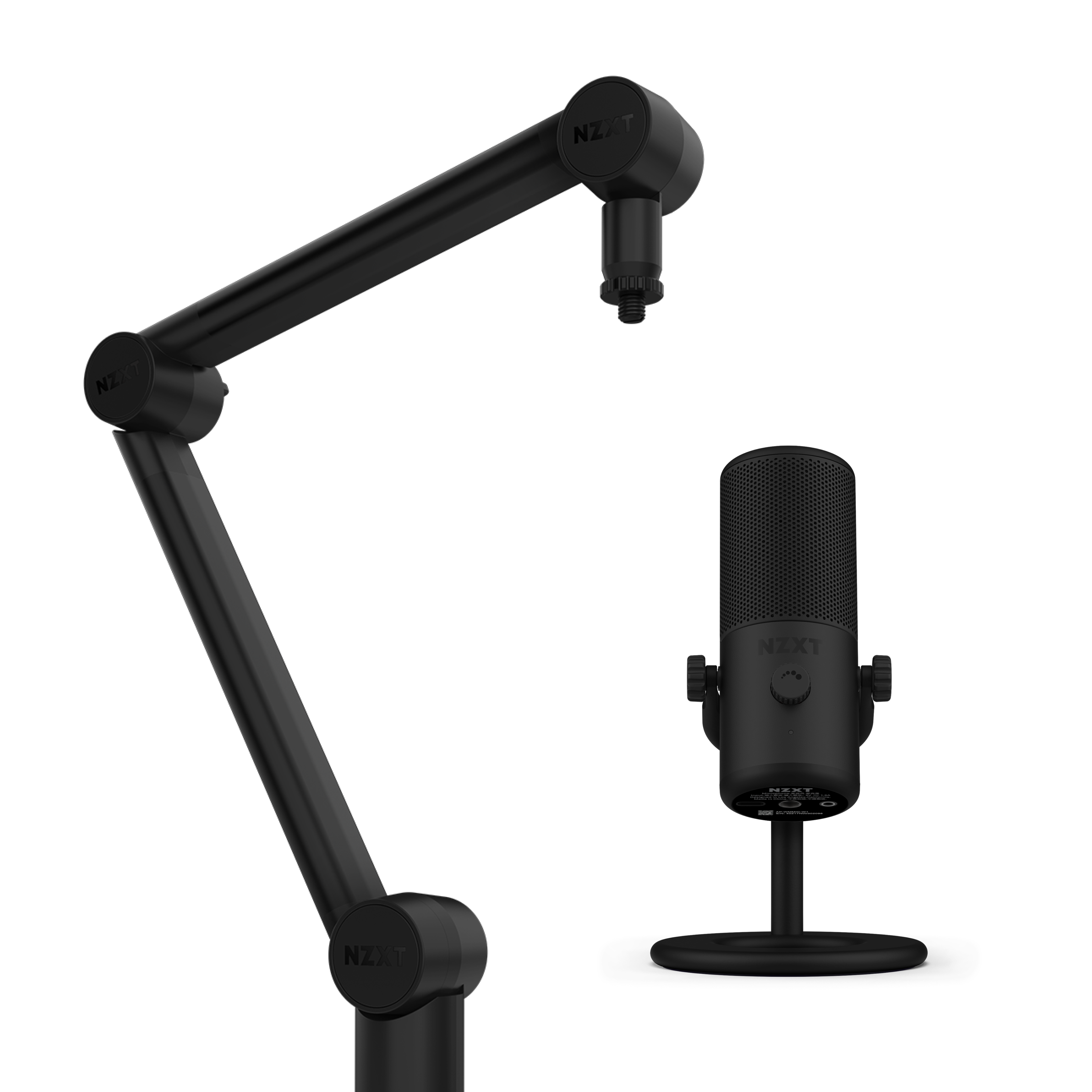 A black desk-mounted microphone arm holding a black NZXT microphone on a stand, set against a plain black background. The image highlights the sleek and modern design of the recording equipment.