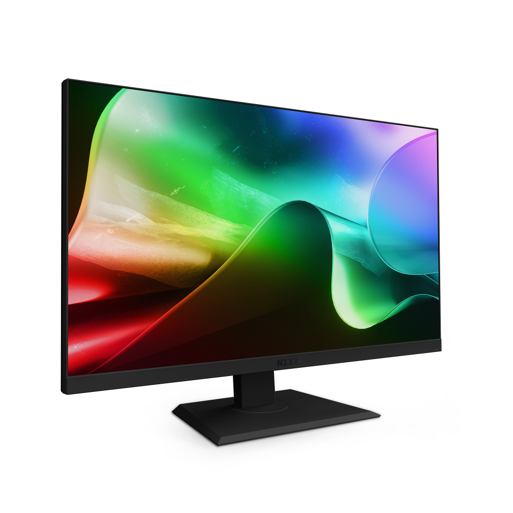 The NZXT Canvas 27Q is a sleek black monitor showcasing a vibrant abstract screensaver with green, red, and blue gradients on black. It offers sharp visuals with Quad-HD resolution.