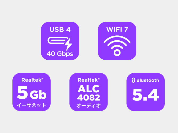 NZXT N9 X870E マザーボードの接続アイコン: ネットワーク、USB、オーディオ、Bluetooth。