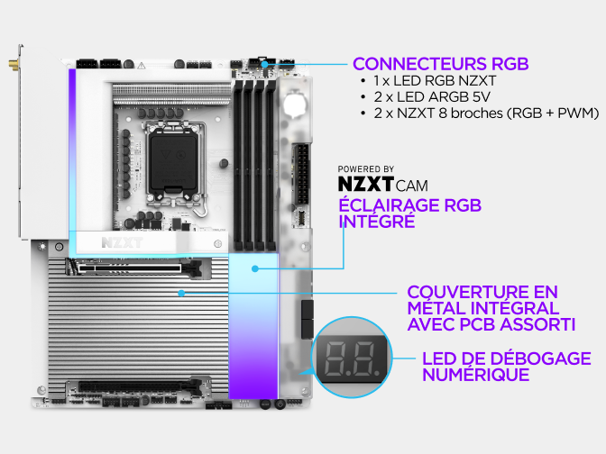 Le cache tout en métal de la carte mère NZXT N9 Z890 masque le PCB pour un montage épuré, avec un éclairage RGB personnali...