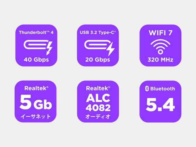 NZXT N9 Z890 マザーボードの接続アイコン: ネットワーク、USB、オーディオ、Bluetooth。