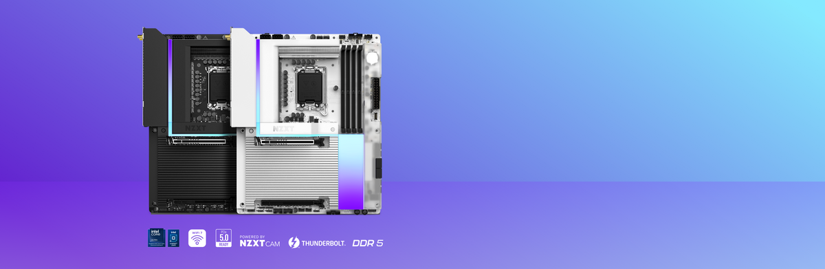 The NZXT N9 Z890 motherboard in black and white, shown side by side with RGB lighting accents, above badges for Intel Core Ultra, Wi-Fi 7, PCIe 5.0 Ready, NZXT CAM, Thunderbolt and DDR5.