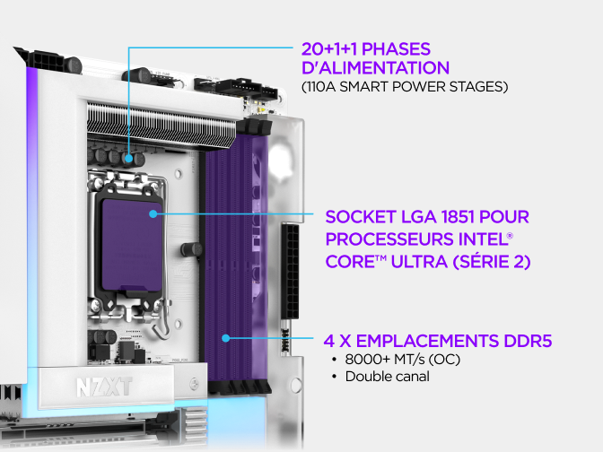 Gros plan de la carte mère NZXT N9 Z890 montrant son étage d'alimentation, son socket LGA 1851 pour processeurs Intel Core...