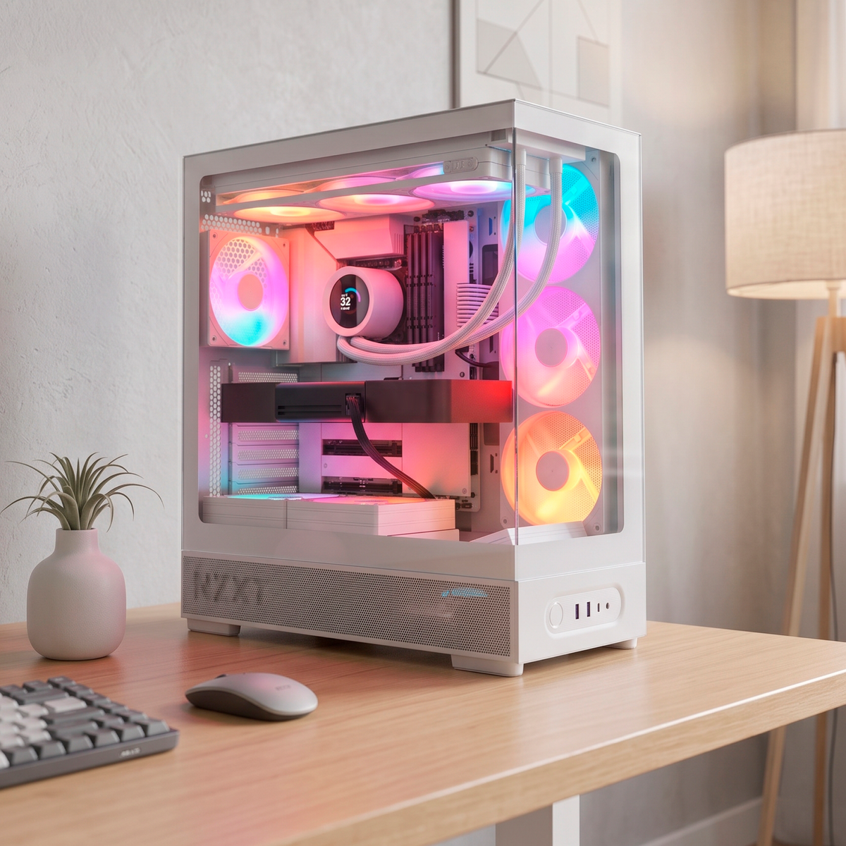 NZXT S5 RGB on a desk, panoramic dual glass opening the view of the build