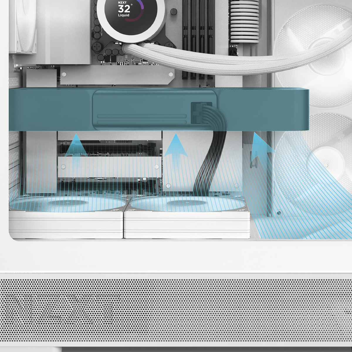 NZXT S5 RGB airflow diagram: three bottom fan mounts, one angled, aiming intake at the graphics card
