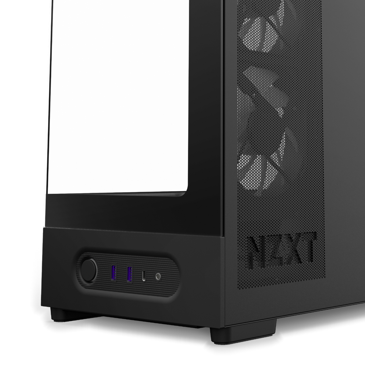 NZXT S5 RGB black right side detail: steel mesh intake panel and removable PVC mesh filter