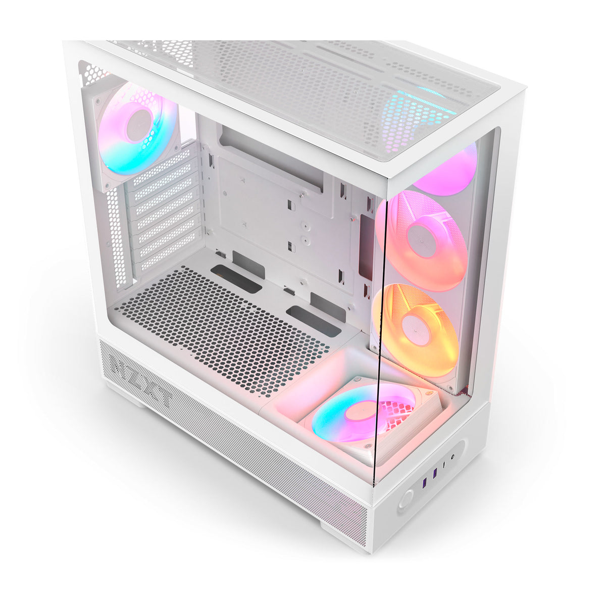 NZXT S5 RGB Deluxe white, overhead view of all five pre-installed RGB fans across the side, bottom and rear mounts