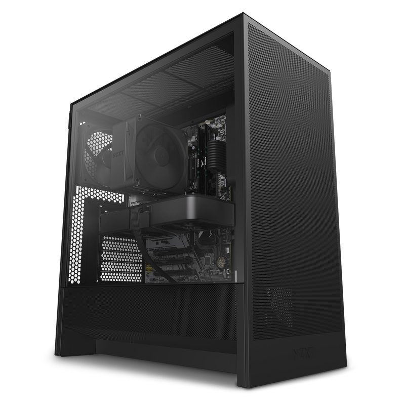 The NZXT Player One is a sleek black gaming PC tower with a transparent side panel that showcases its internal components, including fans, an NVIDIA GeForce RTX GPU, motherboard, and Intel Core i5-14400F, all in a modern minimalist case.
