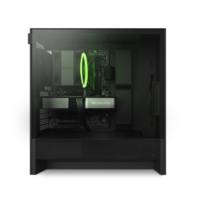 The NZXT Player One Prime is a black desktop tower with a clear side panel, NZXT cooler with green LED ring, Intel Core i5-14400F CPU, and NVIDIA GeForce RTX graphics—ideal for smooth 1080p gaming.
