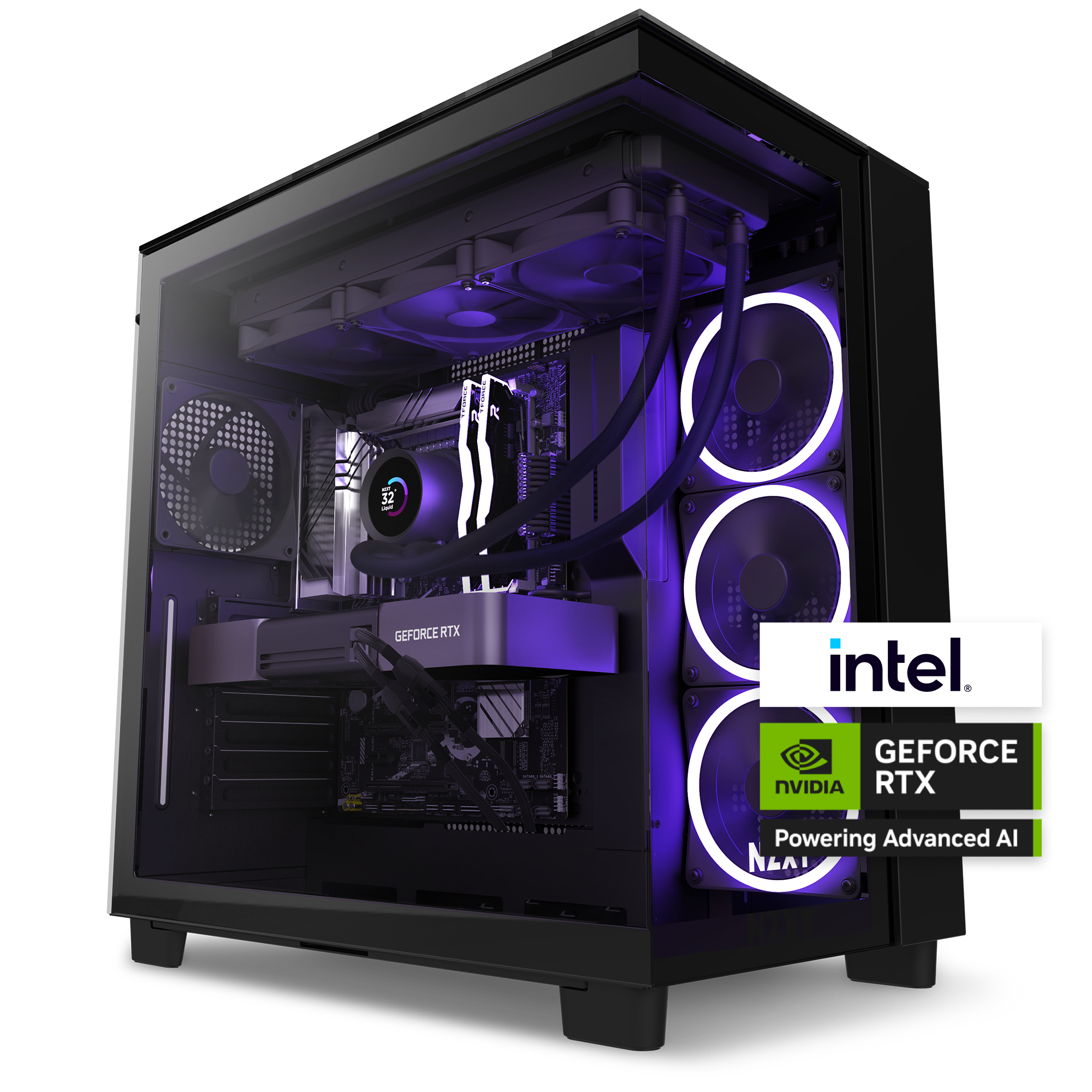 The NZXT Player Three Prime is a black gaming PC case with RGB fans and internal lighting, featuring NVIDIA GeForce RTX 50 Series graphics and Intel Core Ultra 9 285K for advanced AI and smooth 1440p gaming.