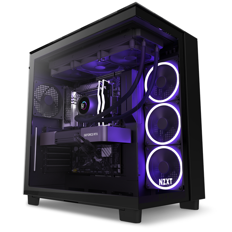 The NZXT Refurbished Custom Build - #8316 is a black gaming PC case with a clear side panel, showing off purple LED-lit components, three front fans, liquid cooling, and a GeForce RTX GPU—ideal for high-performance prebuilt PC enthusiasts.