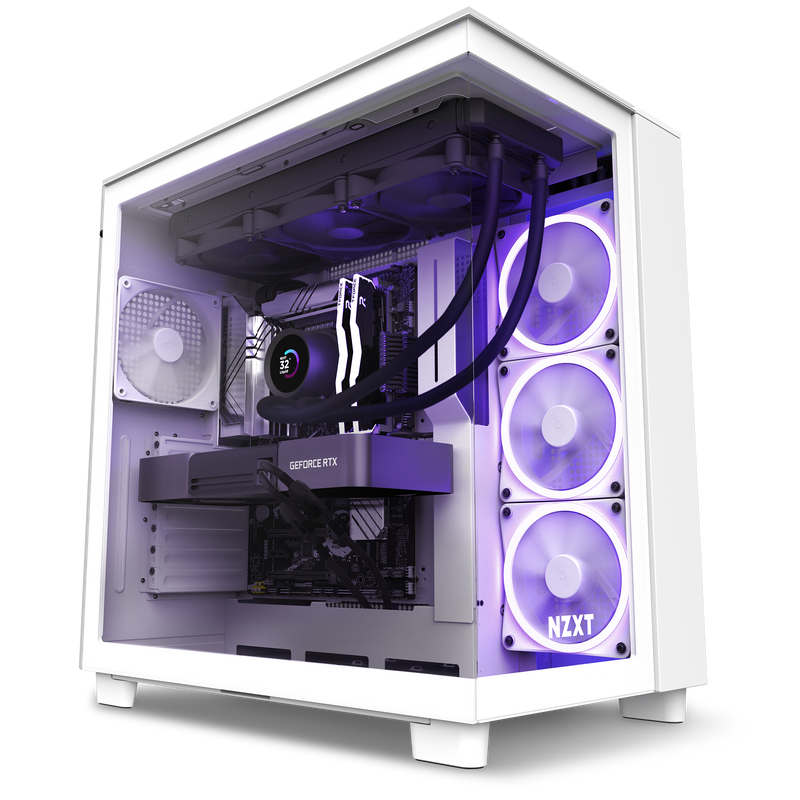 The NZXT Refurbished Player Three Prime - #8707 is a white PC case with a transparent side panel, showcasing internal components like GeForce RTX graphics, purple LED cooling fans, and Certified Refurbished quality for gamers.