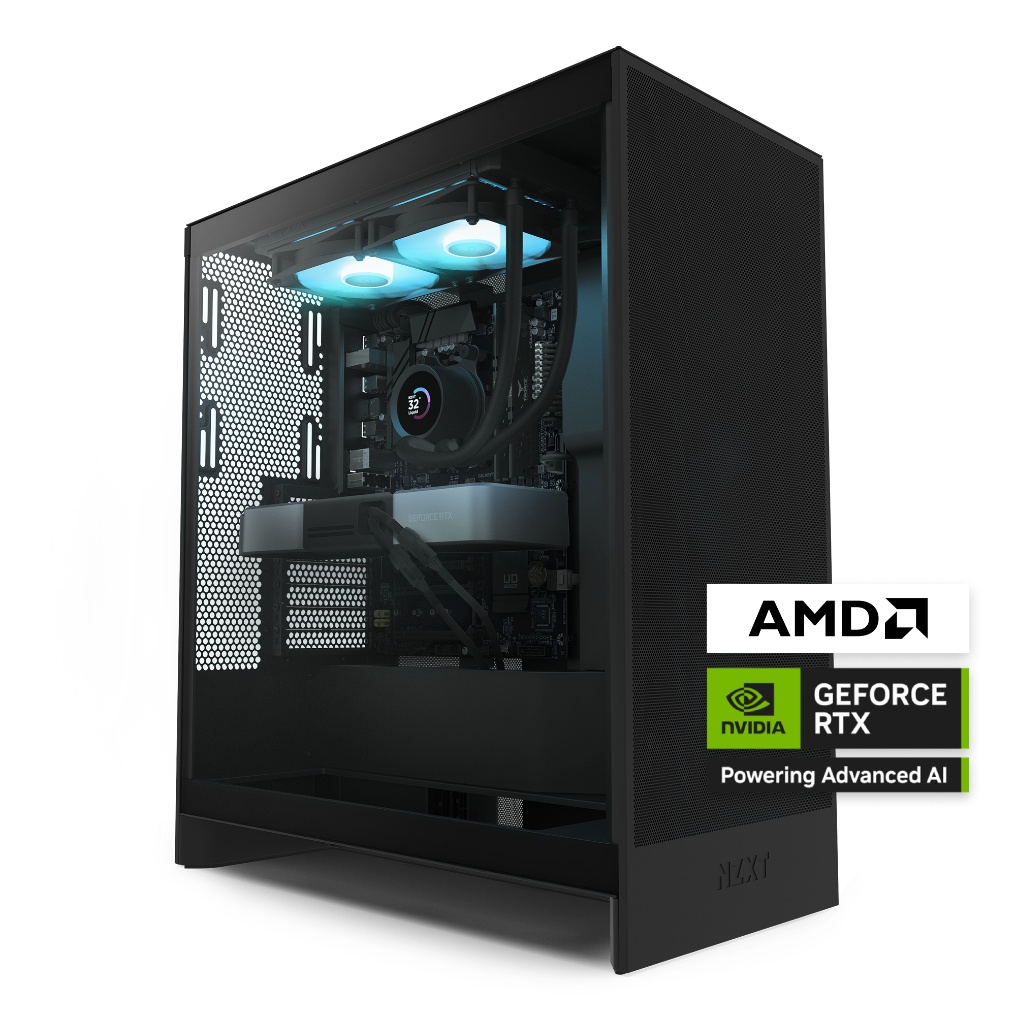 The NZXT Player Two Prime is a sleek black gaming PC featuring visible liquid cooling fans, an AMD processor, and a powerful NVIDIA GeForce RTX 5070 Ti graphics card. Prominent AMD and GeForce RTX logos are displayed in the foreground.