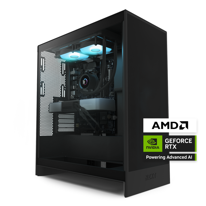 The NZXT Flex Two Prime Subscription PC, a sleek black high-performance system with interior lighting, liquid cooling, and visible components, features AMD and NVIDIA GeForce RTX logos—highlighting AI, gaming power, and month-to-month flexibility.