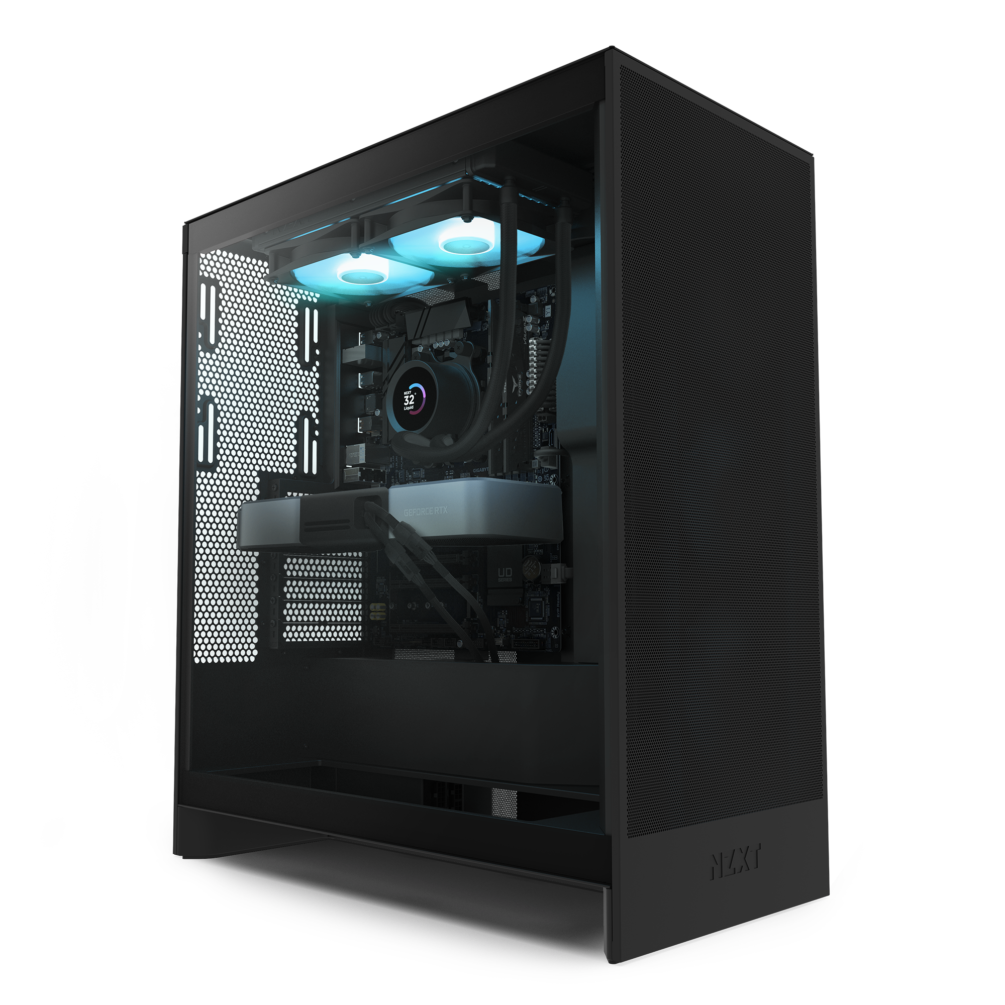 The NZXT Player Two Prime is a modern black gaming PC with a transparent side panel, blue LED-lit cooling fans, advanced liquid cooling, and an NVIDIA GeForce RTX 5070 Ti graphics card.