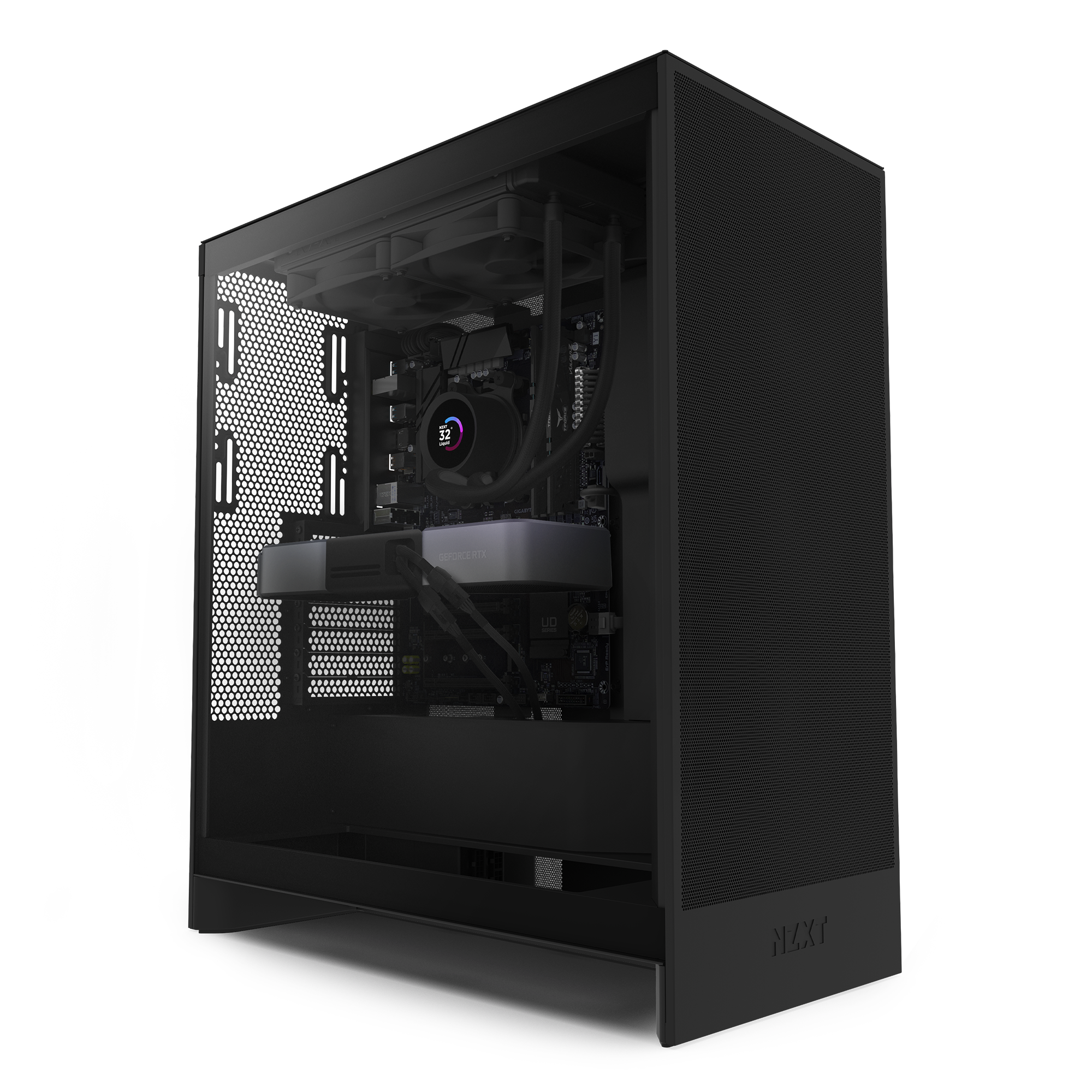 The NZXT Player Two gaming PC features a sleek black design with a transparent side panel showcasing AIO liquid cooling, a powerful graphics card with real-time ray tracing, and neatly managed cables.