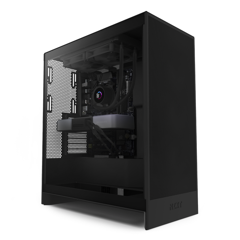The NZXT Flex Two Subscription PC is a black desktop tower with a transparent side panel showcasing its high-performance components—perfect for users seeking powerful computing and month-to-month flexibility.