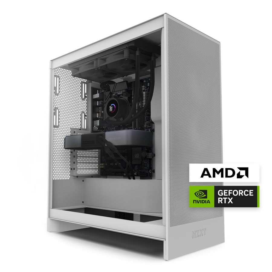 The NZXT Flex Two Subscription PC in white features a powerful AMD processor, NVIDIA GeForce RTX graphics, and liquid cooling, with AMD and NVIDIA GeForce RTX logos displayed in the corner.