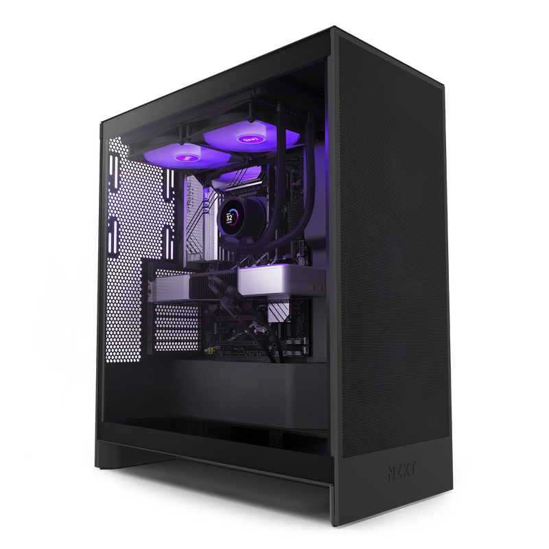 The Refurbished Player Two Prime - #8360 by NZXT is a sleek black gaming PC with a transparent side panel, purple LED lighting, dual top fans, liquid cooling system, and comes with a 2-year warranty.
