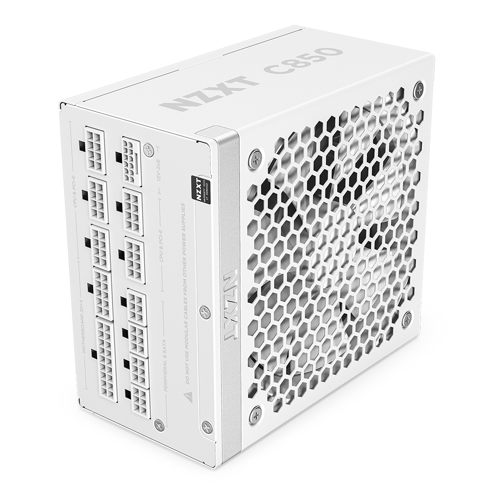 The NZXT C850 Gold ATX 3.1 power supply features a white finish, fully modular design with cable ports, and a large honeycomb vent on one side for efficient cooling.
