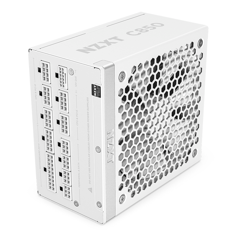 The NZXT C850 Gold ATX 3.1 power supply features a white finish, fully modular design with cable ports, and a large honeycomb vent on one side for efficient cooling.