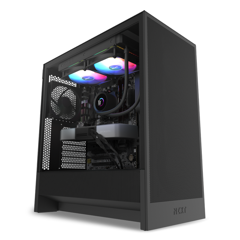 The NZXT Refurbished Prebuilt Player PC 5070 Ti AMD Edition (#8418) features a sleek black case with a transparent side panel, showcasing RGB-lit fans and liquid cooling—ideal for gaming with vibrant, colorful illumination.