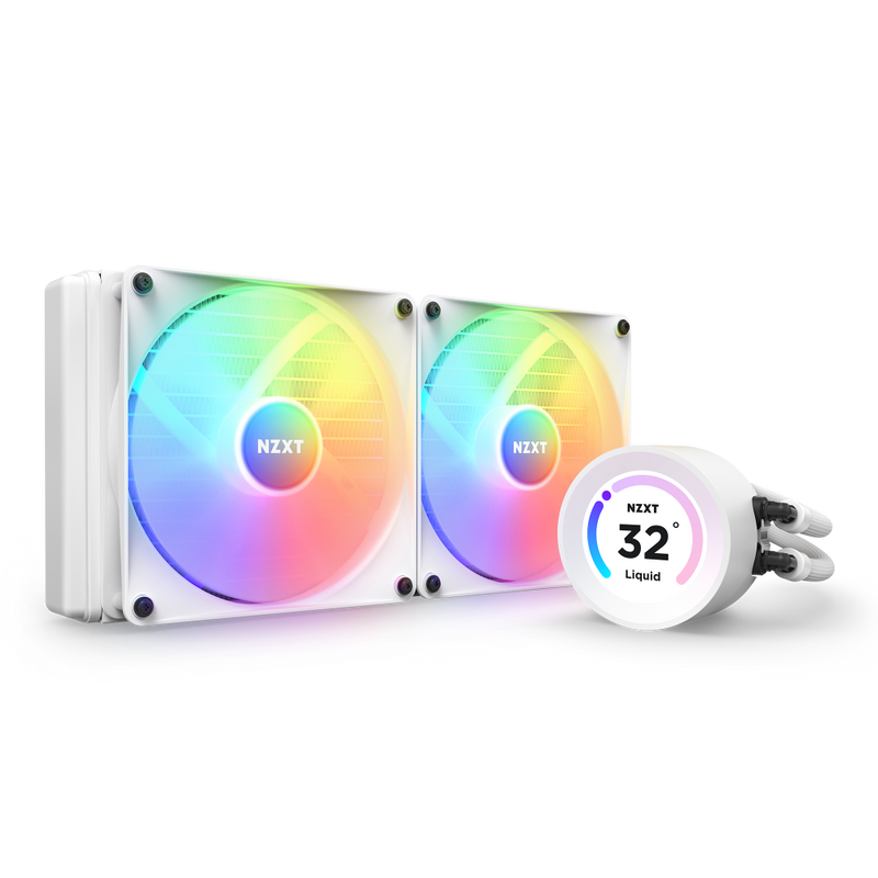 The NZXT Kraken Elite 280 RGB (2023) is a dual-fan liquid CPU cooler featuring RGB lighting on the fans and a circular pump display showing “32° Liquid” at the center.