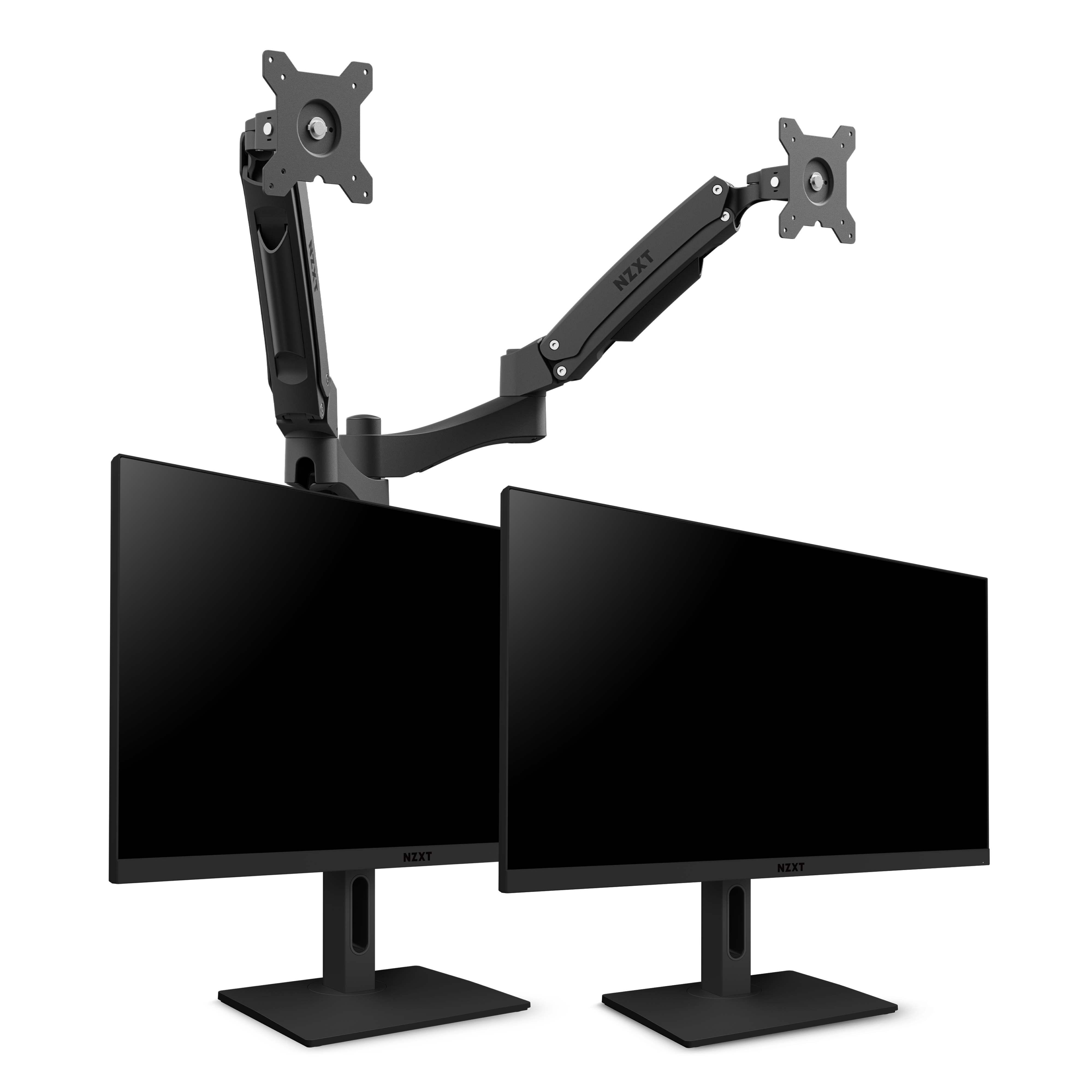 An NZXT Dual Monitor Arm holds two Canvas 27F 165 monitors side by side, with an empty upper mount, all set against a black background.