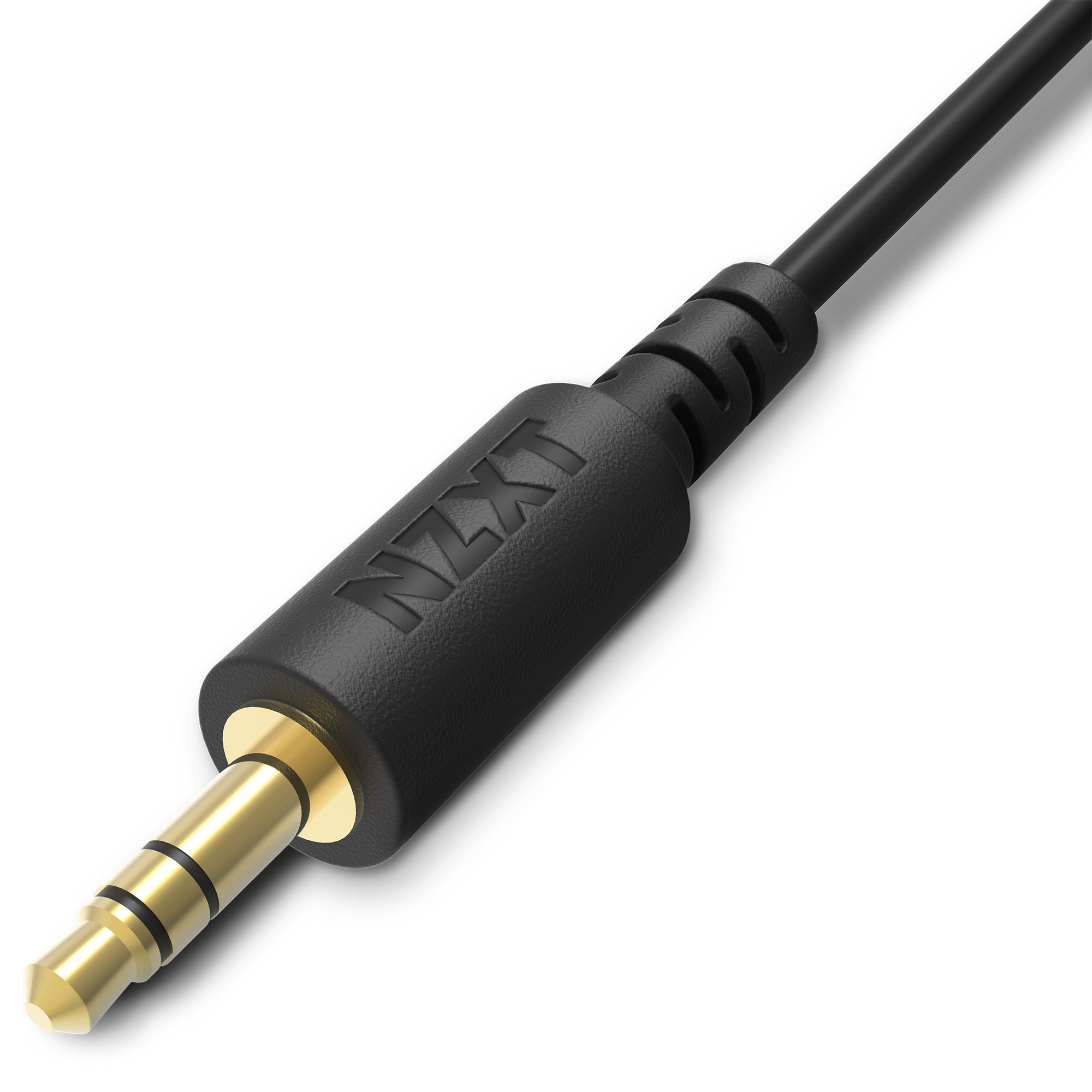 Close-up of the NZXT Chat Cable, showcasing a black design with a gold-plated 3.5mm jack and the NZXT logo on the connector—perfect for party chat audio—set against a black background.