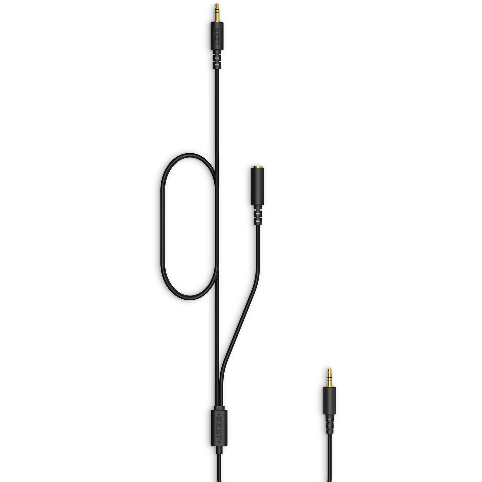 The NZXT Chat Cable is a black audio splitter with plug-and-play setup, featuring male 3.5mm connectors at each end and a female 3.5mm port in the middle—ideal for sharing party chat audio between two devices.