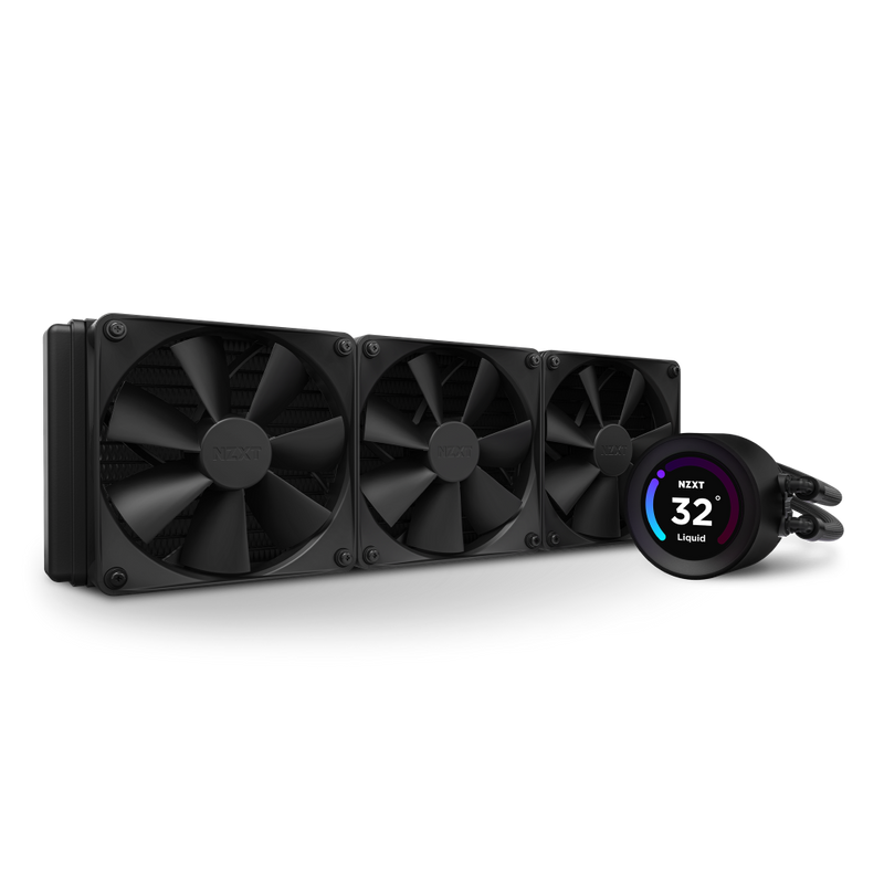 The NZXT Kraken Elite 360 (2023) is a black liquid CPU cooler with three large fans and a round pump displaying 32° Liquid on its digital screen, shown angled against a plain black background.
