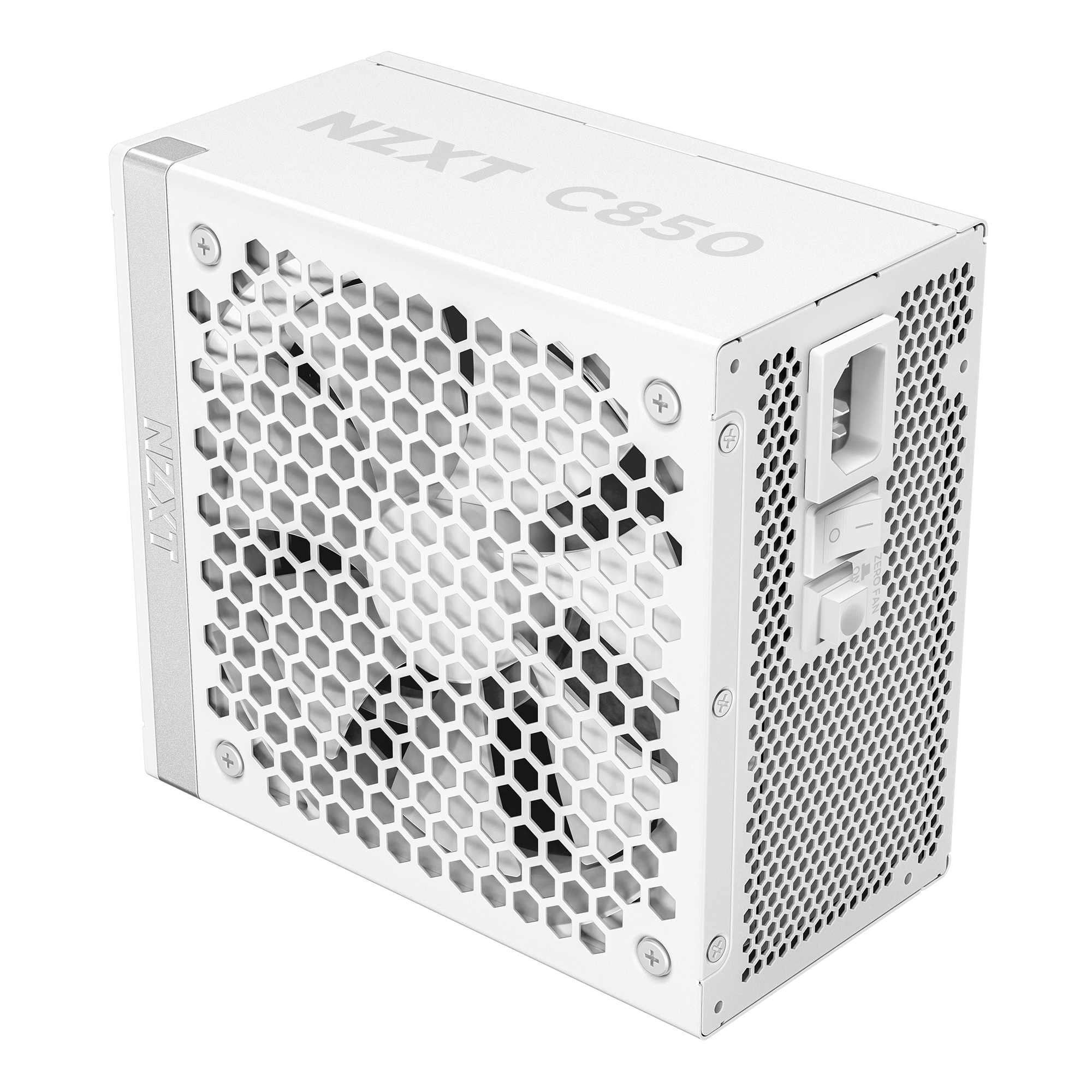 The NZXT C850 Gold ATX 3.1 is a white, fully modular power supply for desktop PCs with a large honeycomb ventilation grille, visible power switch and socket, shown against a black background.