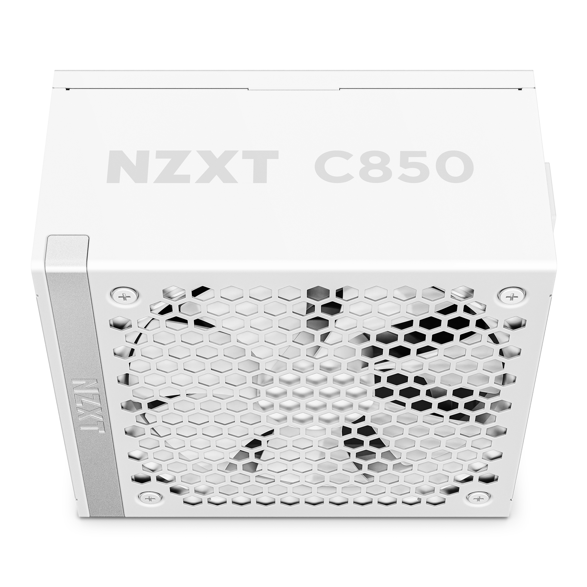 The NZXT C850 Gold ATX 3.1 power supply features a fully modular design, honeycomb-patterned ventilation grill, cooling fan, and visible NZXT C850 branding on the side and top.