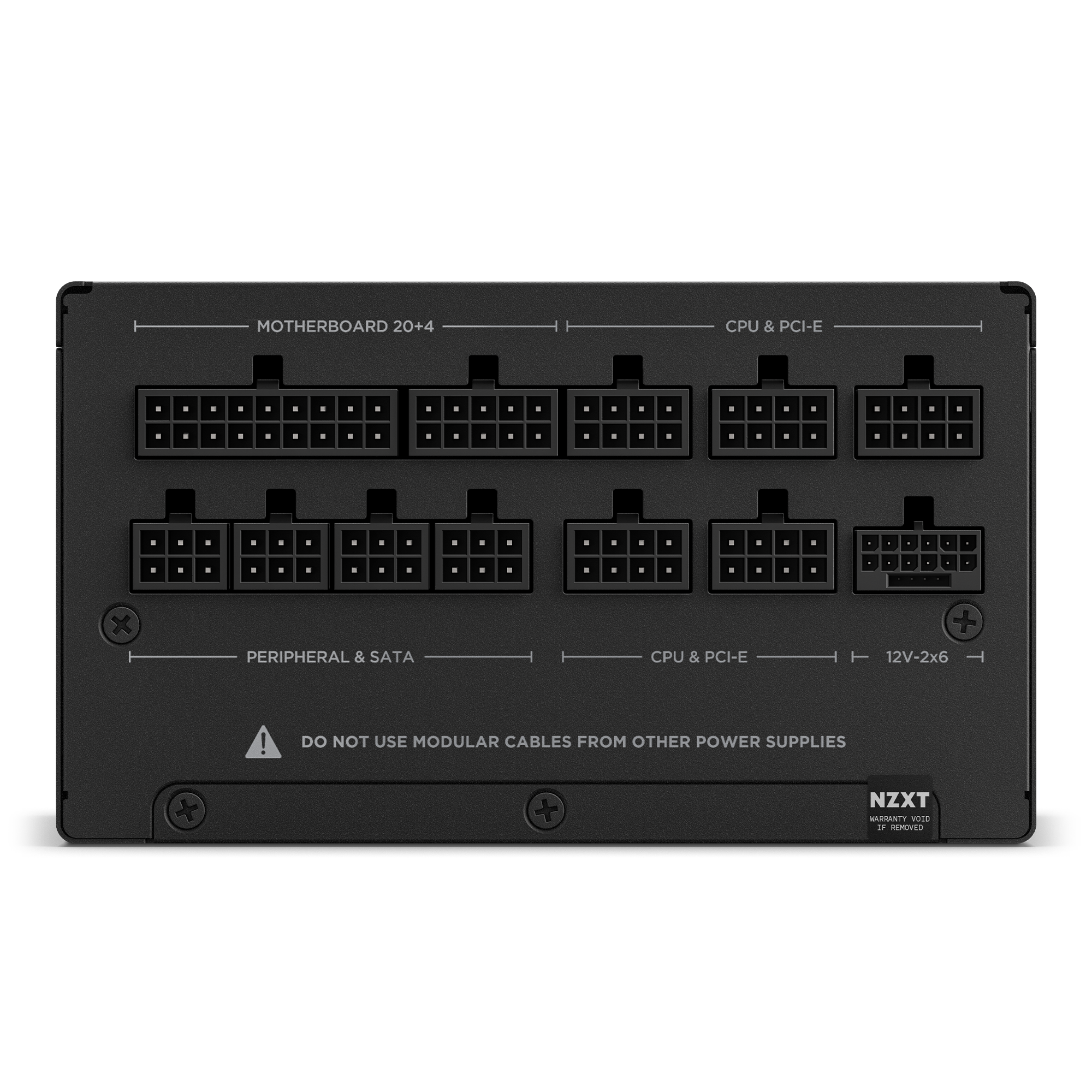 Front view of the NZXT C850 Gold ATX 3.1 power supply’s fully modular design, showing labeled ports for motherboard, CPU, PCI-E, peripheral, and SATA cables—plus a warning not to use cables from other ATX 3.1 PSUs.