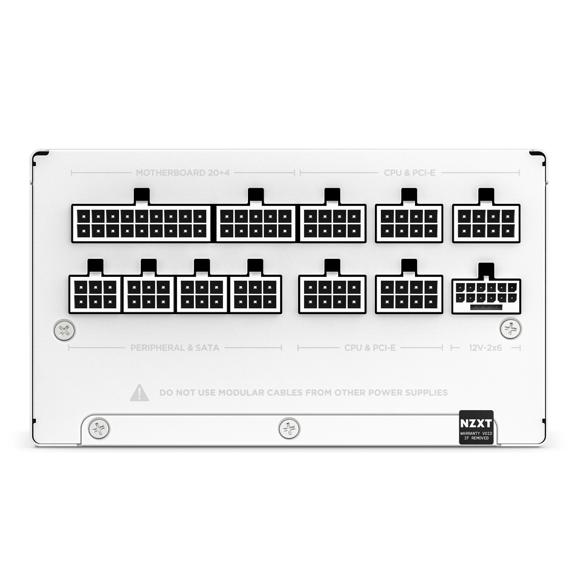 The NZXT C850 Gold ATX 3.1 is a white, fully modular PSU with multiple black connectors and clear labels for motherboard, CPU, PCI-E, Peripheral, and SATA ports on its surface.