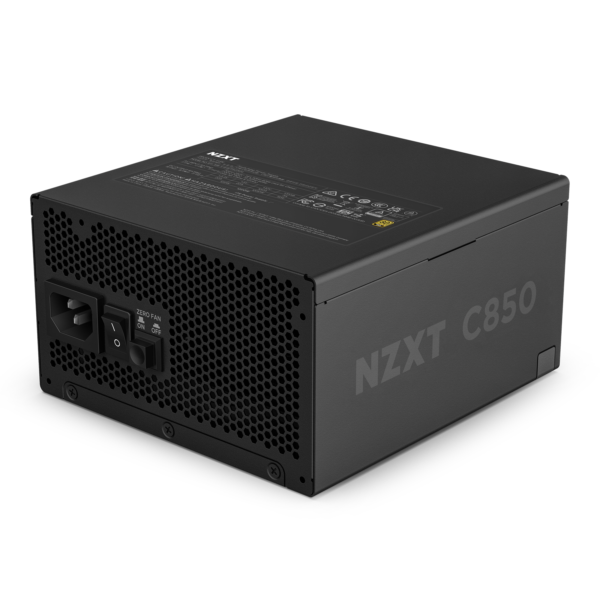 The NZXT C850 Gold ATX 3.1 power supply is shown at an angle, highlighting its black finish, modular design, ventilation grid, power switch, socket, and model name against a black background.