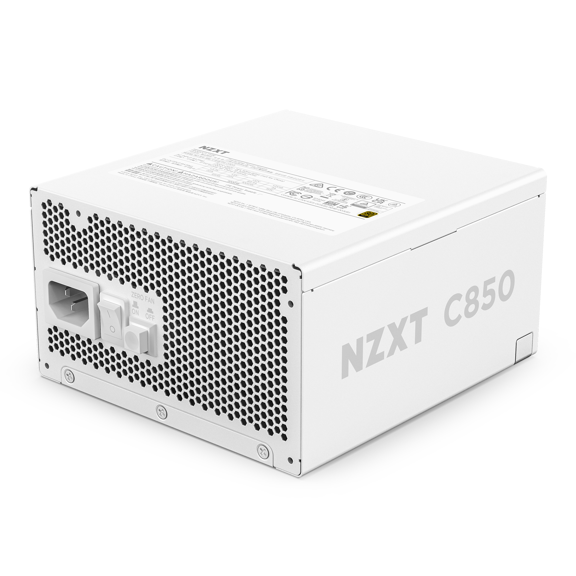 A white NZXT C850 Gold ATX 3.1 PSU with ventilation holes, a fully modular design, power switch, and power socket appears on a black background with the product name printed on its side.