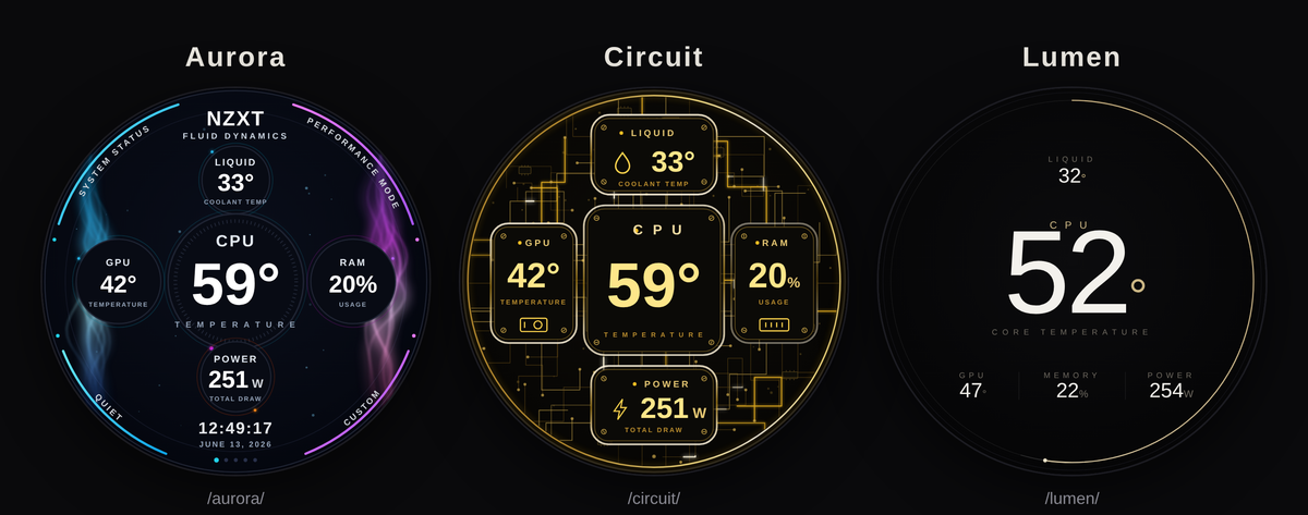 Aurora, Circuit and Lumen custom Kraken Elite screen faces