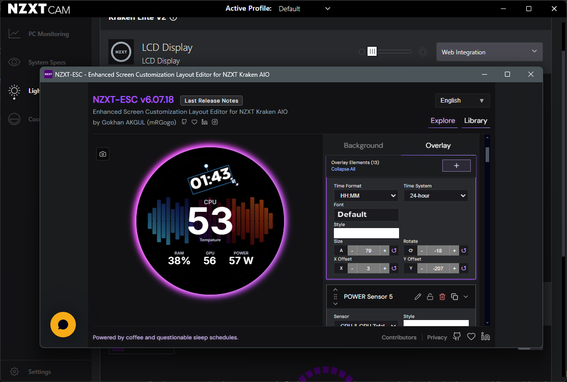 NZXT-ESC layout editor open inside NZXT CAM, building a custom Kraken Elite screen