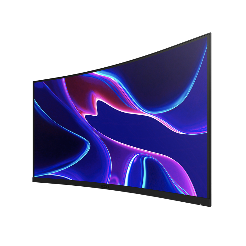 The NZXT Canvas 32Q Curved with Arm monitor features Quad-HD resolution and displays a vivid abstract design with blue, purple, and pink light streaks on a black background.