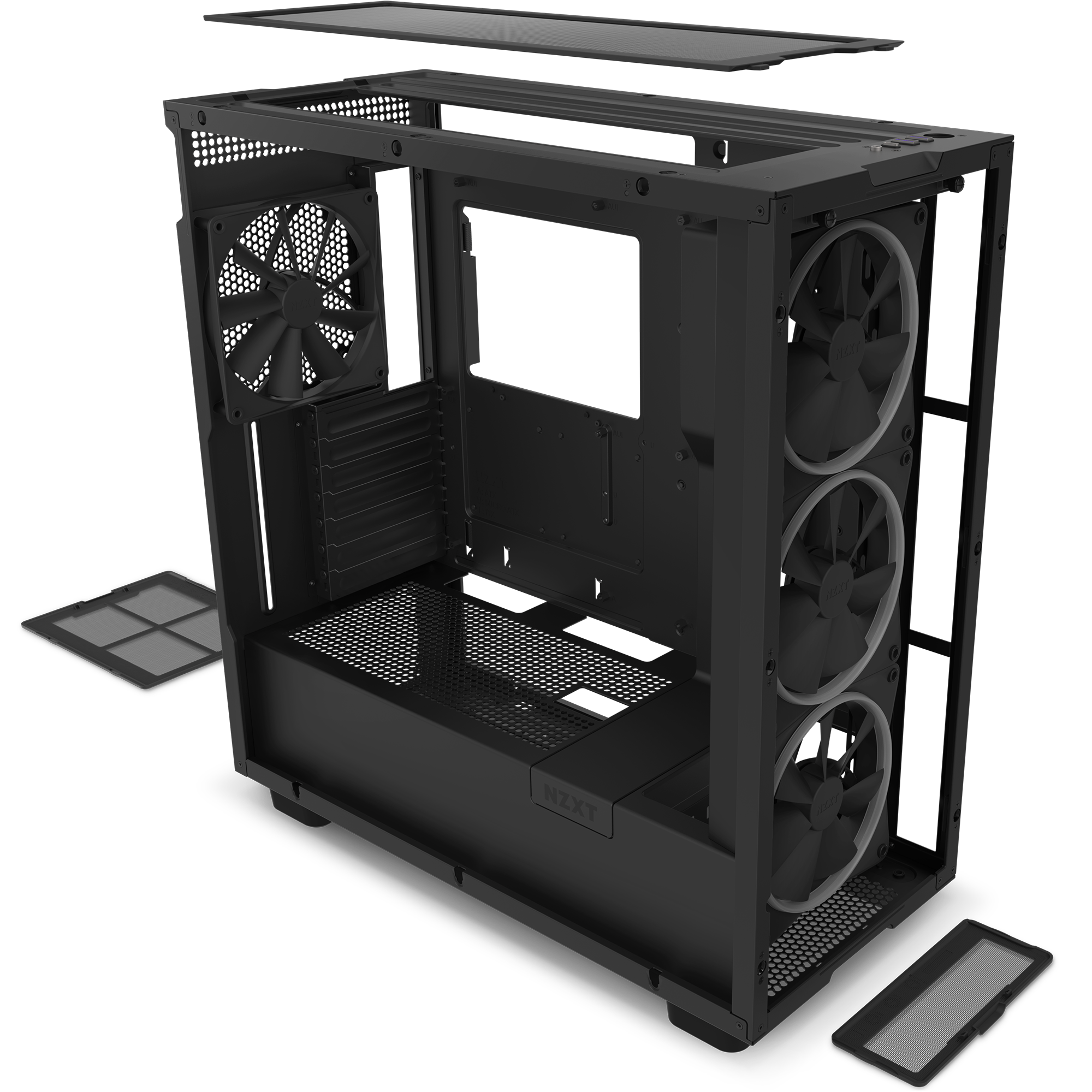The NZXT H7 Elite (2022) is a black mid-tower PC case with an open frame, tempered glass front, three front RGB fans, a rear fan, removable top/bottom panels, and a cable management system ready for your components.