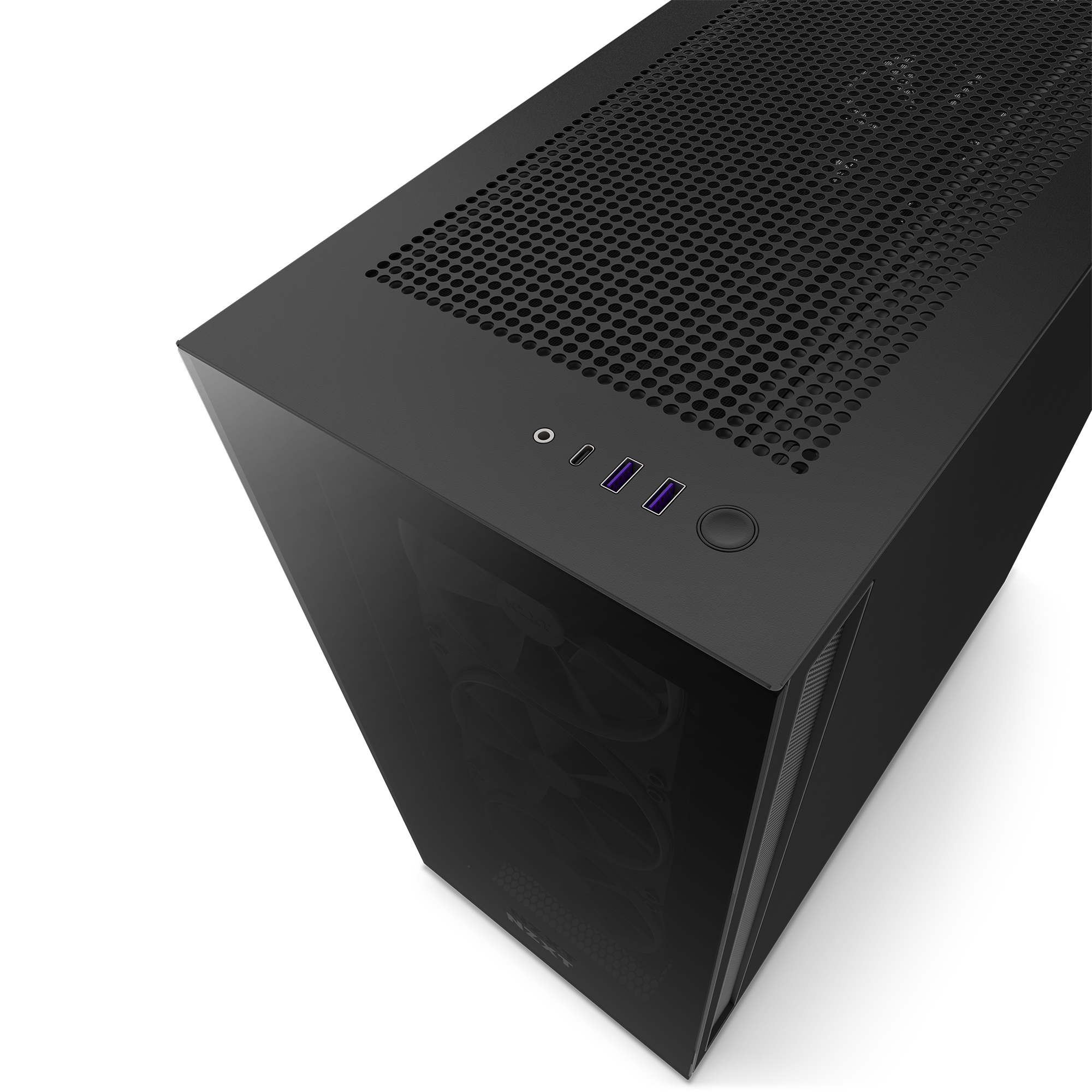 The NZXT H7 Elite (2022) is a black PC tower case with a mesh top panel, power button, three USB ports, a circular front button, and tempered glass panels on the front and side.