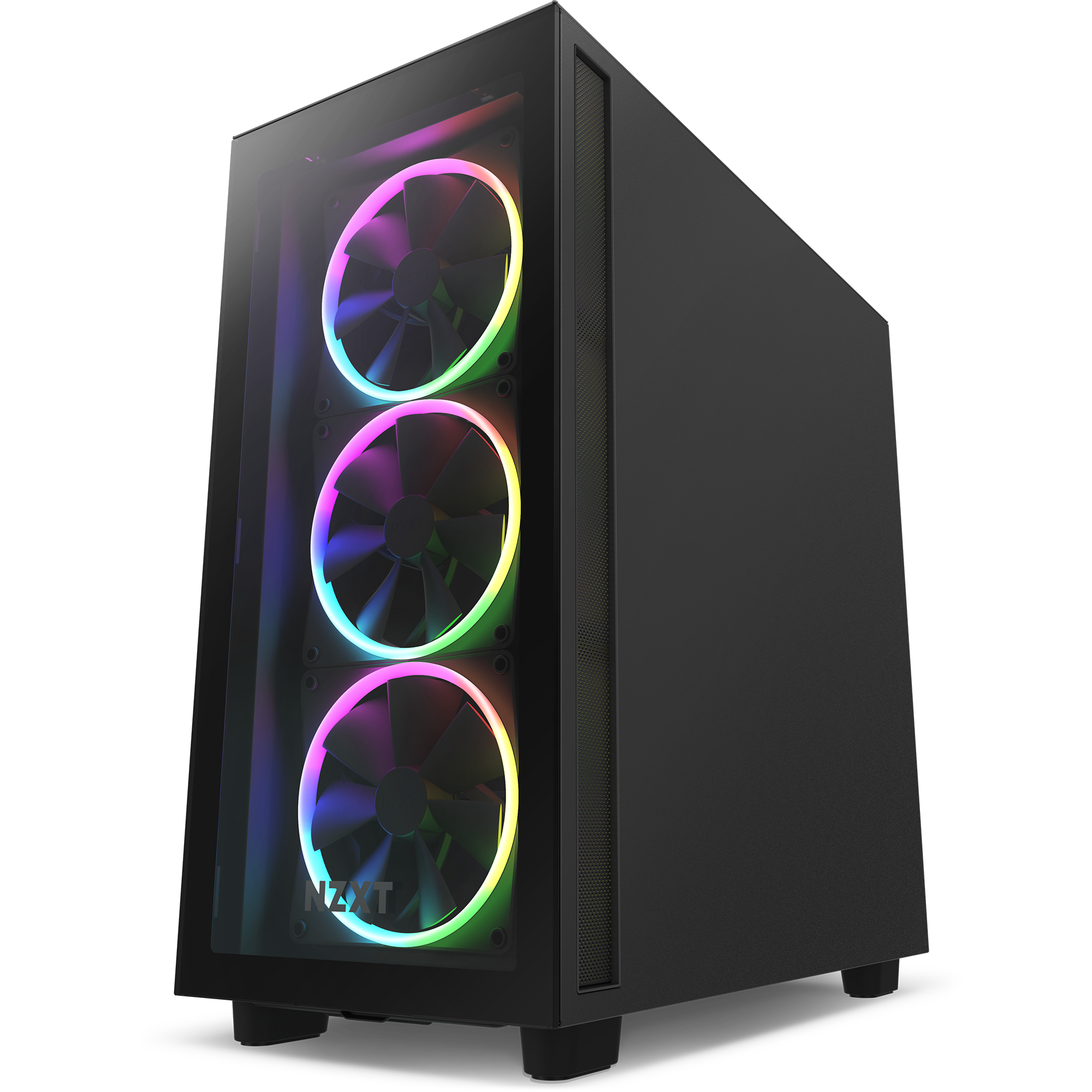 The NZXT H7 Elite (2022) desktop features a sleek black tower with a tempered glass front panel that displays three vibrant RGB fans, while its efficient cable management system keeps your build neat and organized.