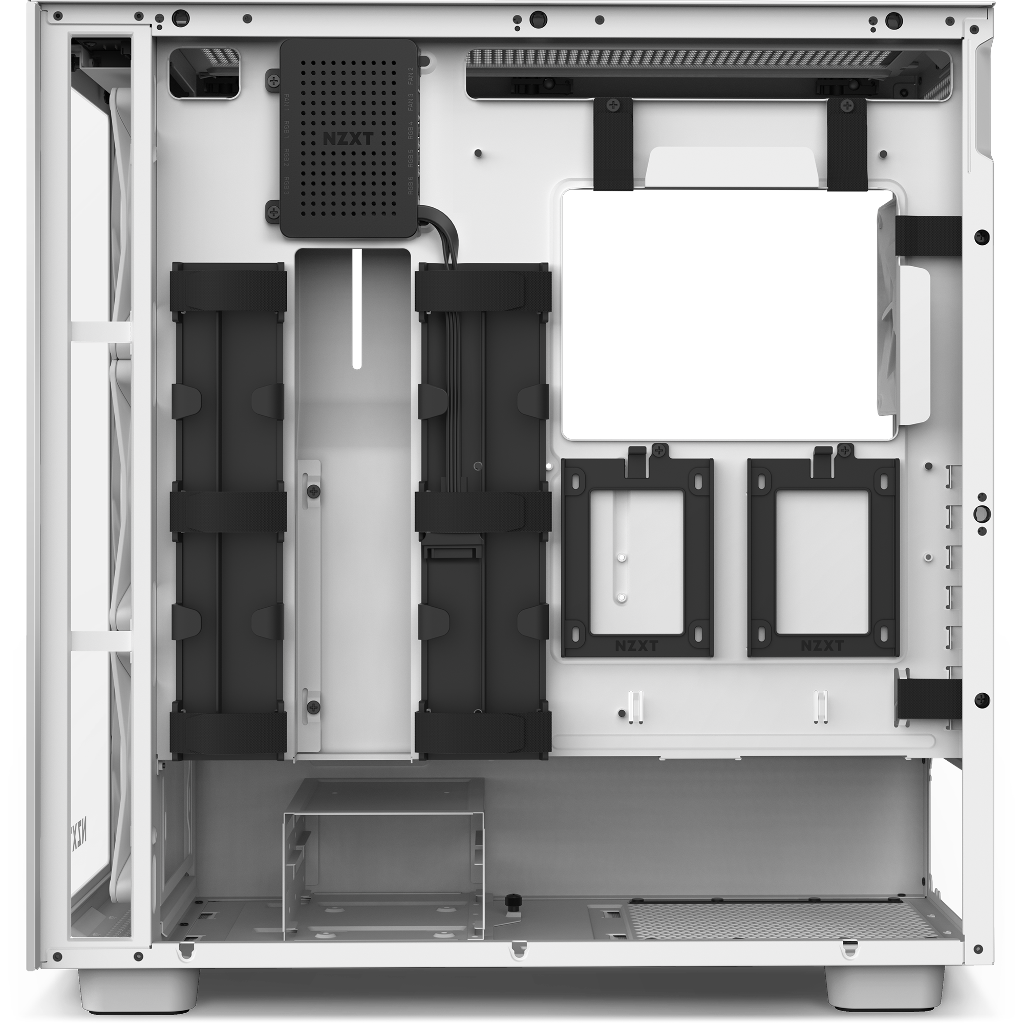 The NZXT H7 Elite (2022) is a white mid-tower PC case featuring a tempered glass front, with the side panel removed to show its cable management system, storage drive mounting brackets, and spacious main compartment for components.