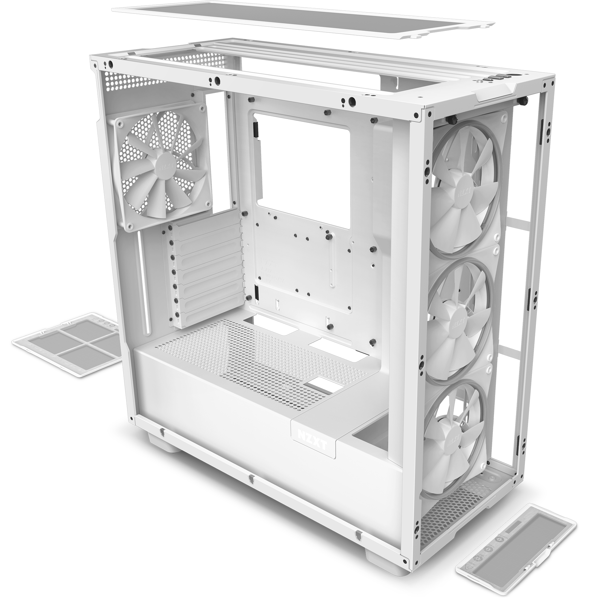The NZXT H7 Elite (2022) is displayed in white with side and top panels removed, showing three front RGB fans, a rear fan, and ventilation panels that highlight its interior layout, airflow-focused design, and vivid cooling setup.