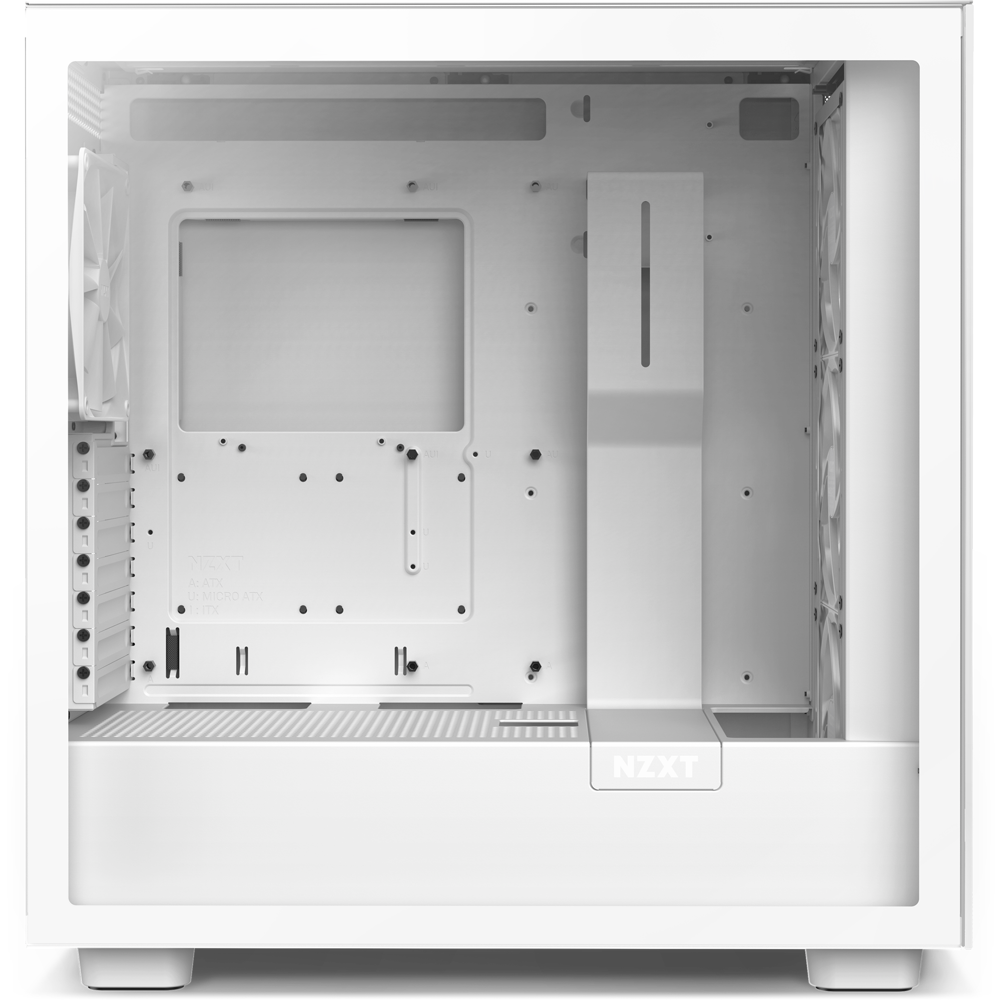 The NZXT H7 Elite (2022) is a white computer case with a transparent side panel, minimalist design, cable management system, visible mounting points, and an empty interior ready for your PC components.