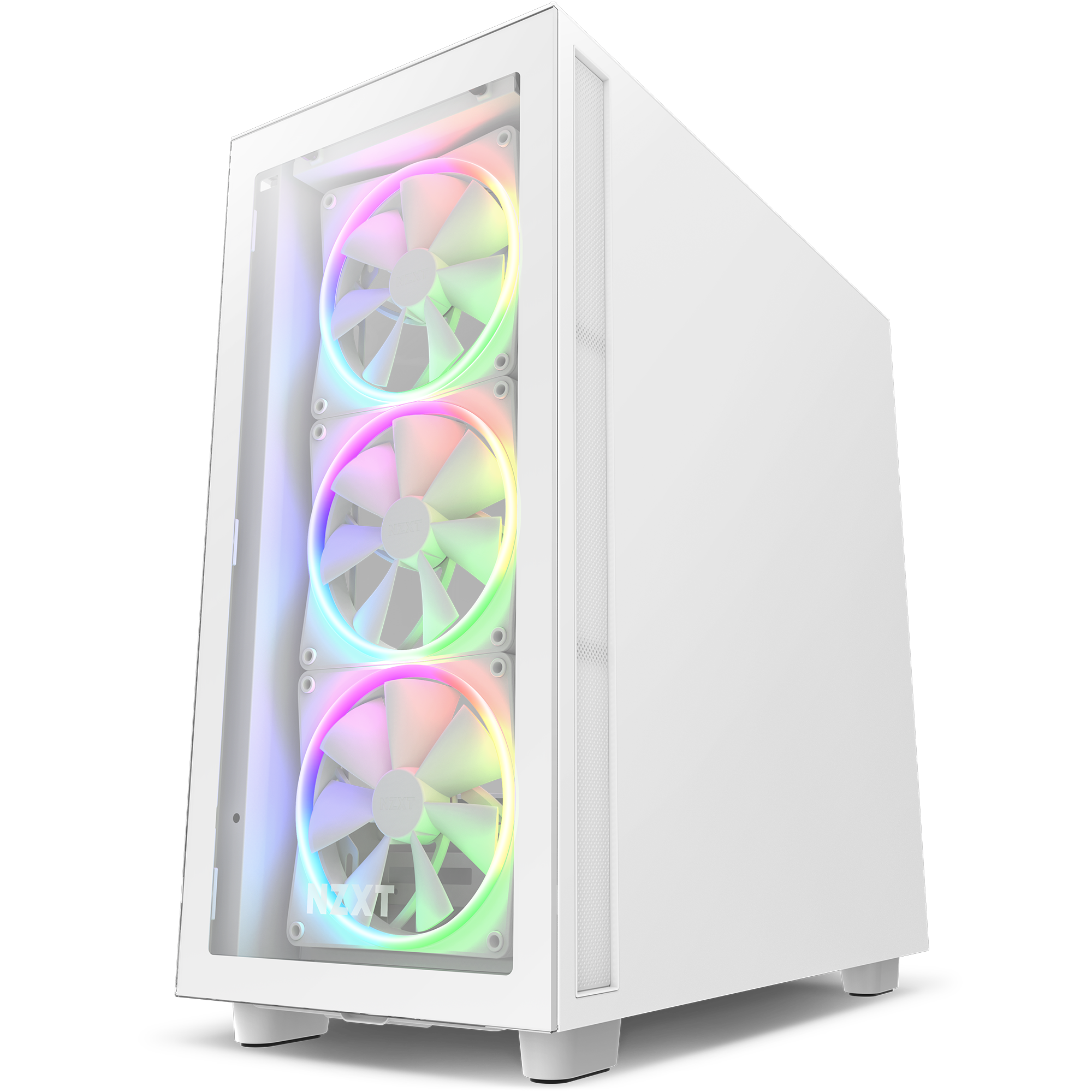 The NZXT H7 Elite (2022) is a white desktop PC case with a tempered glass front panel, displaying three vertically aligned pastel RGB fans. Its sleek design includes advanced cable management for a clean, modern setup.