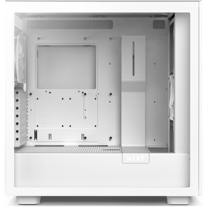 The Refurbished Player Two Prime - #8604 by NZXT is a white computer case with a transparent side panel, empty interior, and cable management—ideal for custom gaming builds or pairing with prebuilts featuring a 2-year warranty.