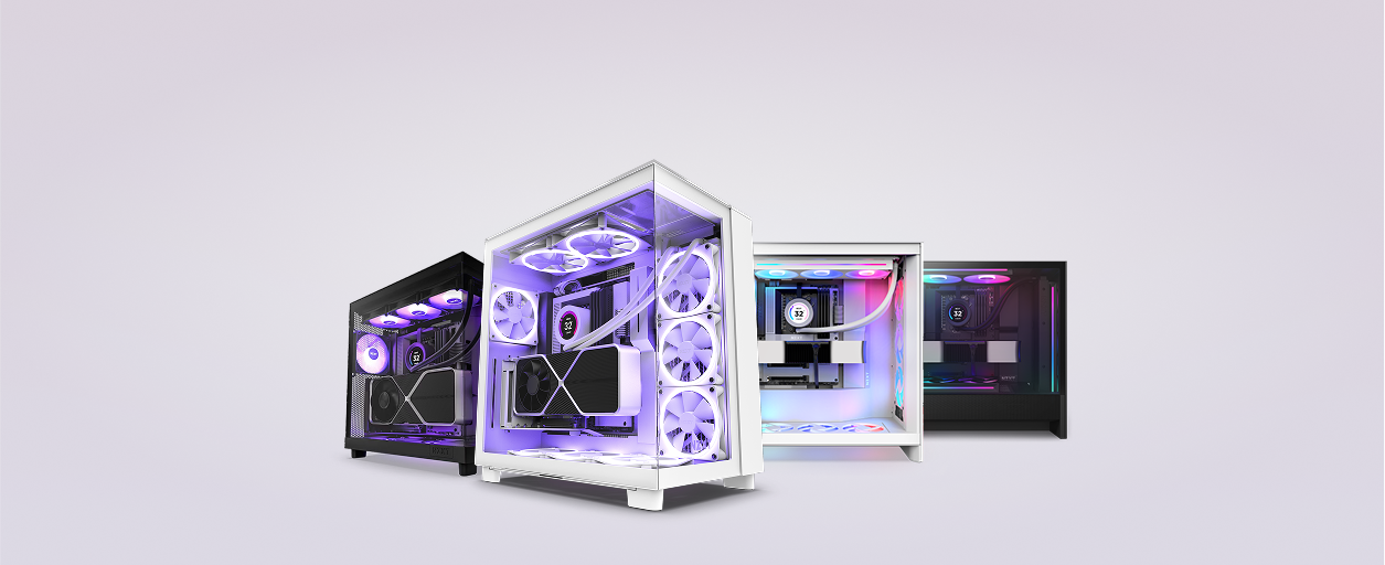 Three sleek desktop computer cases with transparent sides display RGB lighting and internal components. The cases, in black and white finishes, are arranged on a light gradient background.